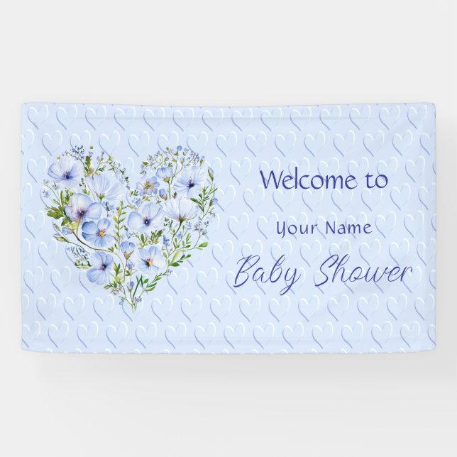 Blue Heart Floral Baby Duschbanner Banner (Horizontal)
