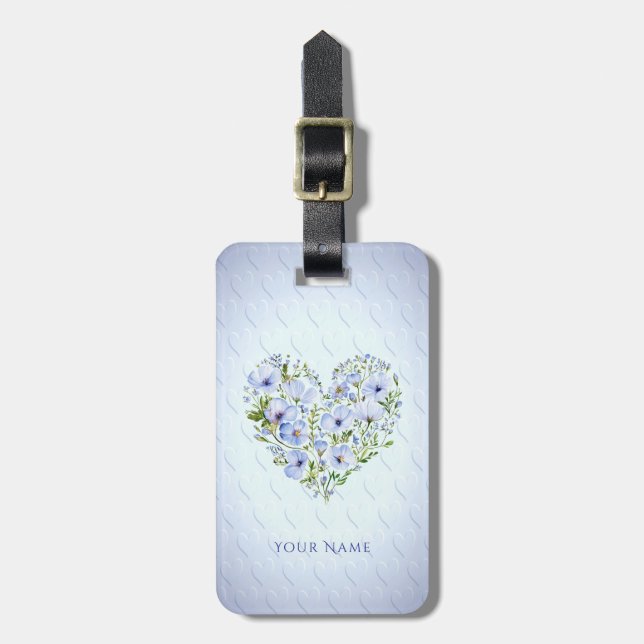 Blue Heart Floral Luggage Tag Gepäckanhänger (Vorderseite vertikal)
