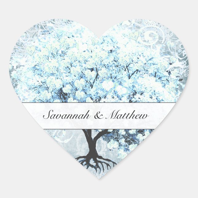 Blue Heart Leaf Tree Wedding Siegel Herz-Aufkleber (Vorderseite)