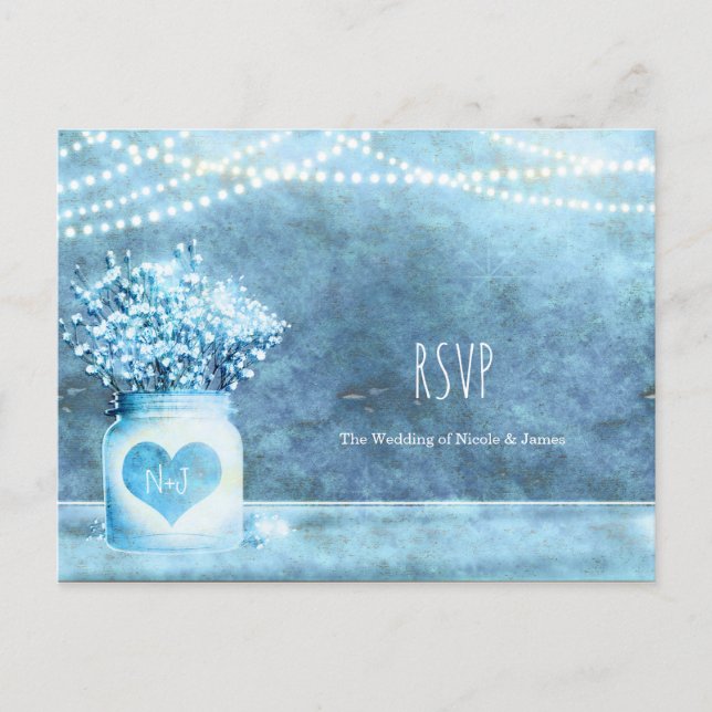 Blue Heart Mason Jar & Gipskraut Wedding RSVP Einladungspostkarte (Vorderseite)