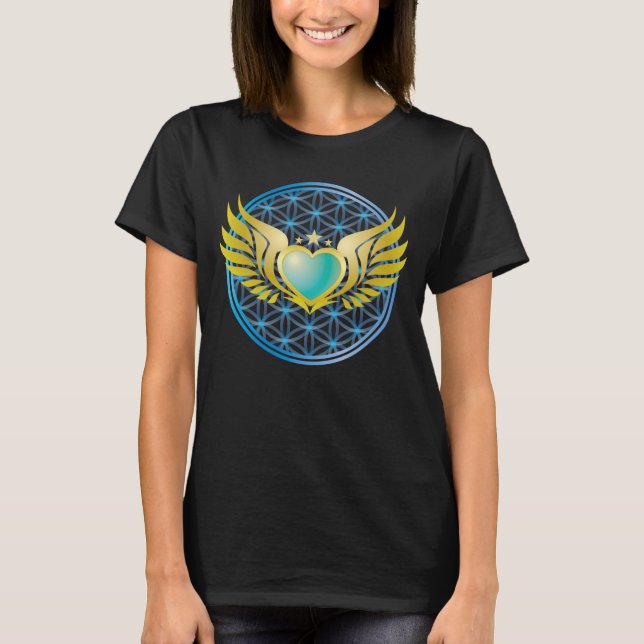 Blue Heart mit Goldenen Engel Wings auf Blume des  T-Shirt (Vorderseite)