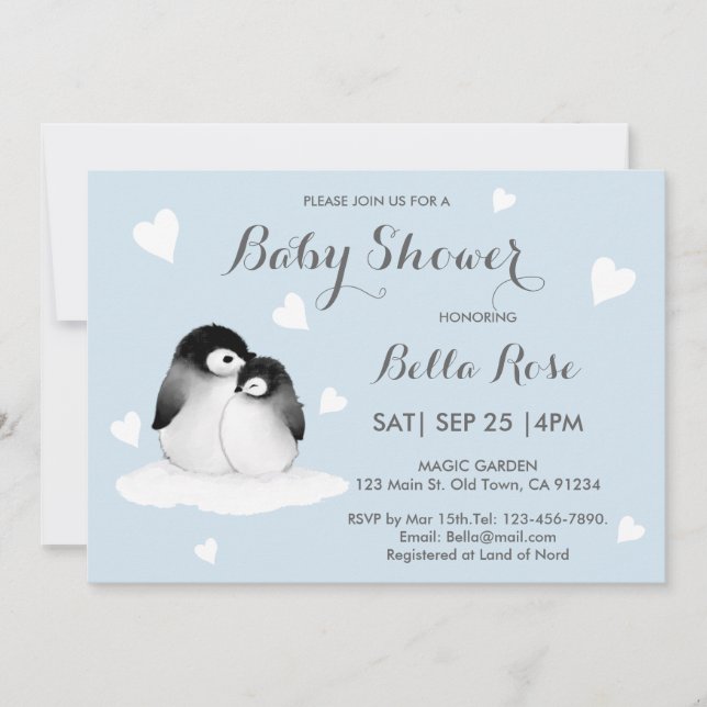 Blue Heart Penguin Baby Dusche Einladungen (Vorderseite)