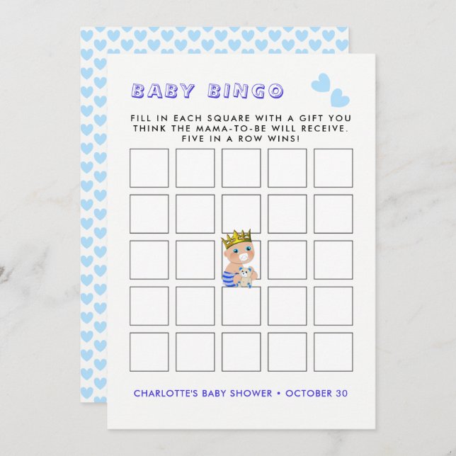Blue Heart Prince Baby Boy Dusche Party Bingo Game Einladung (Vorne/Hinten)
