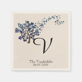 Blue Heart Tree on Ivory Wedding Napkin Serviette