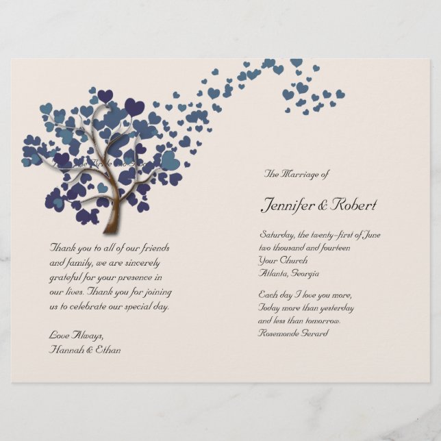Blue Heart Tree on Ivory Wedding Program (Vorderseite)
