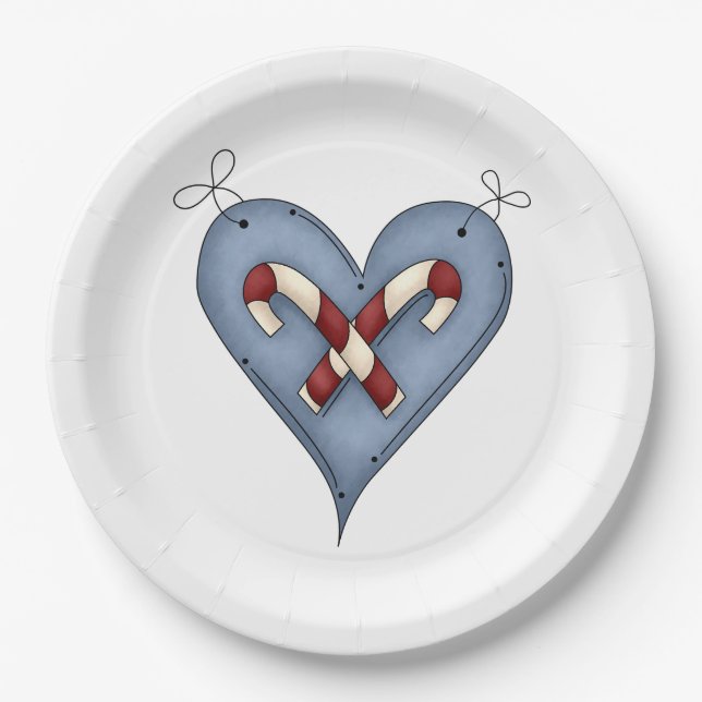 Blue Heart with Candy Canes Country Christmas Pappteller (Vorderseite)