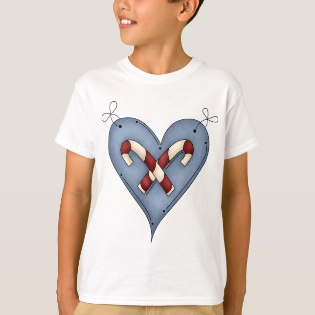 Blue Heart with Candy Canes Country Christmas T-Shirt (Vorderseite)