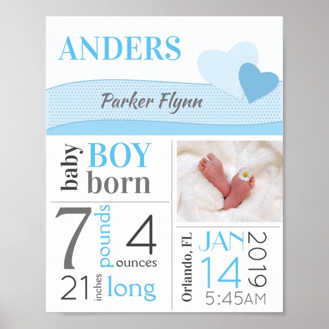 Blue Hearts Baby Boy Birth Stats Unterschrift Ankü Poster (Vorne)