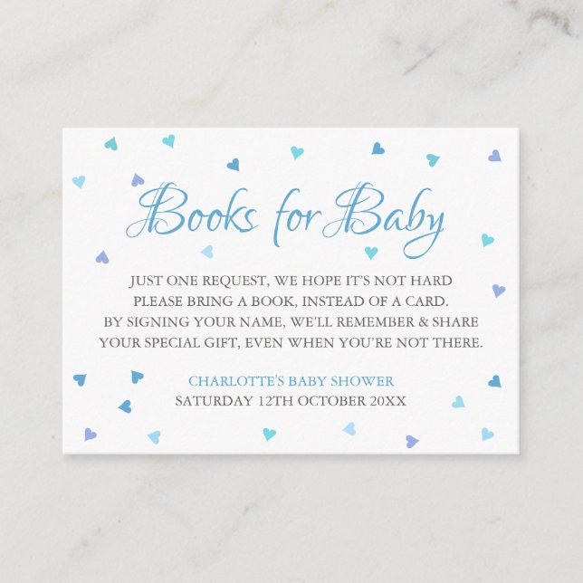 Blue Hearts Book Request Baby Dusche Begleitkarte (Vorderseite)