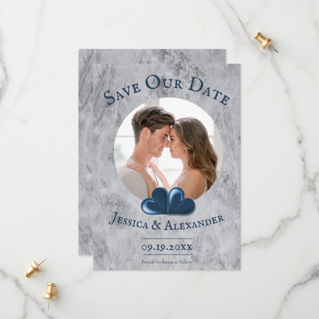 Blue Hearts Foto Save the Date (Vorderseite/Rückseite Beispiel)