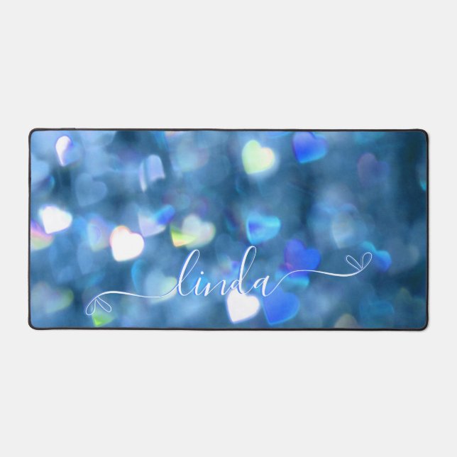 Blue Hearts Glitzer Schreibtischunterlage (Vorderseite)
