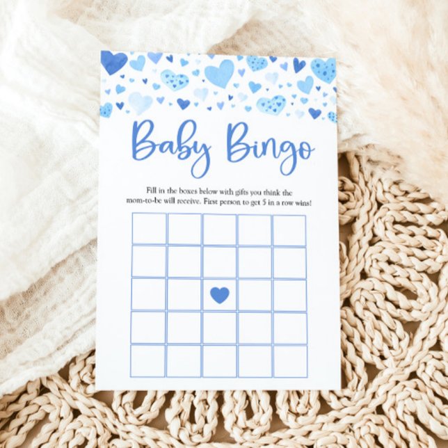Blue Hearts Valentine Baby Bingo Baby Showspiel Einladung (Watercolor Cute Blue Hearts Valentine Sweetheart February Baby Boy Baby Bingo Baby Shower Game Card)