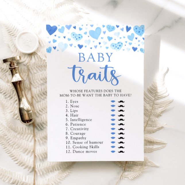 Blue Hearts Valentine Baby Shower Baby Tracks Spie Einladung (Watercolor Blue Hearts Valentine Sweetheart Heartbreaker February Boy Baby Traits Baby Shower Game)