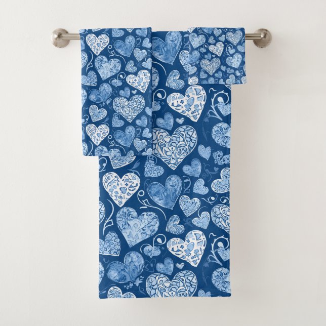 Blue Hearts Watercolor Hand Drawn  Badhandtuch Set (Insitu)