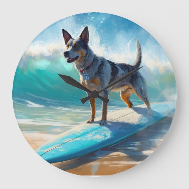 Blue Heeler Beach Surfanstrich Große Wanduhr (Vorderseite)