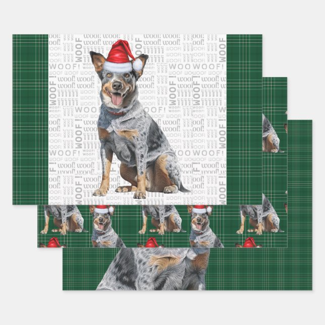 Blue Heeler Christmas Dog Green Kariert Geschenkpapier Set (Set)