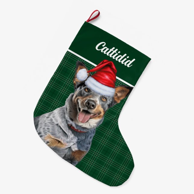 Blue Heeler Dog Green Holiday Kariert Personalisie Großer Weihnachtsstrumpf (Vorderansicht (hängend))