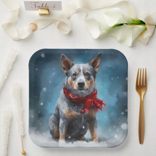 Blue Heeler Dog in Schnee Weihnachten Pappteller (Hochzeit)