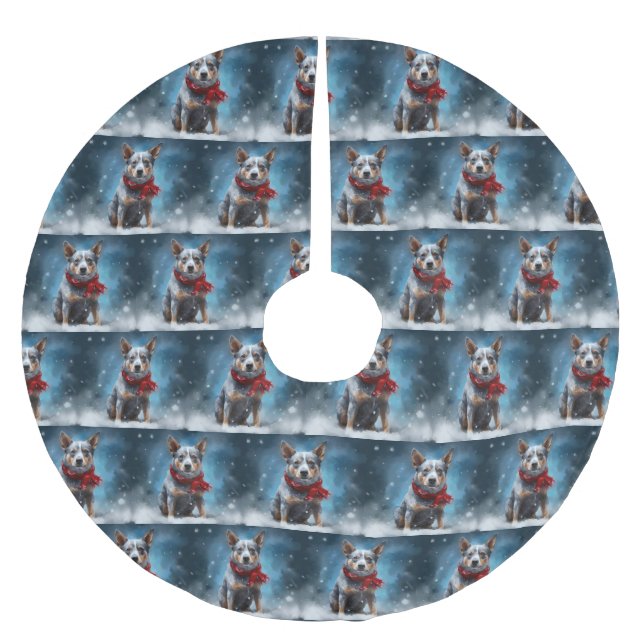 Blue Heeler Dog in Schnee Weihnachten Polyester Weihnachtsbaumdecke (Vorderseite)