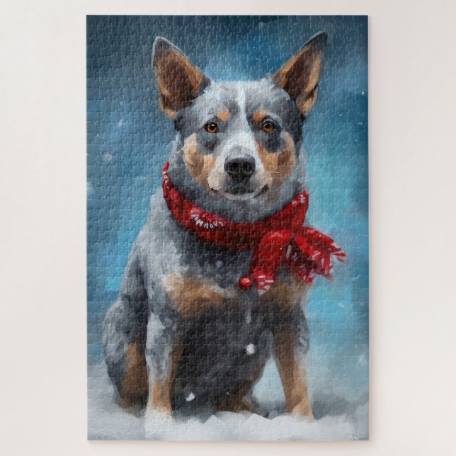 Blue Heeler Dog in Schnee Weihnachten Puzzle (Vertikal)