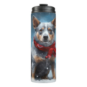 Blue Heeler Dog in Schnee Weihnachten Thermosbecher