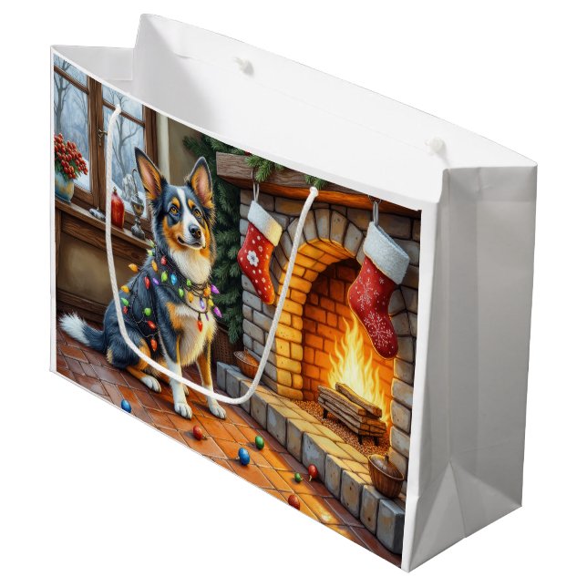 Blue Heeler Fireplace with Christmas Lights Große Geschenktüte (Vorderseite Schrägansicht)