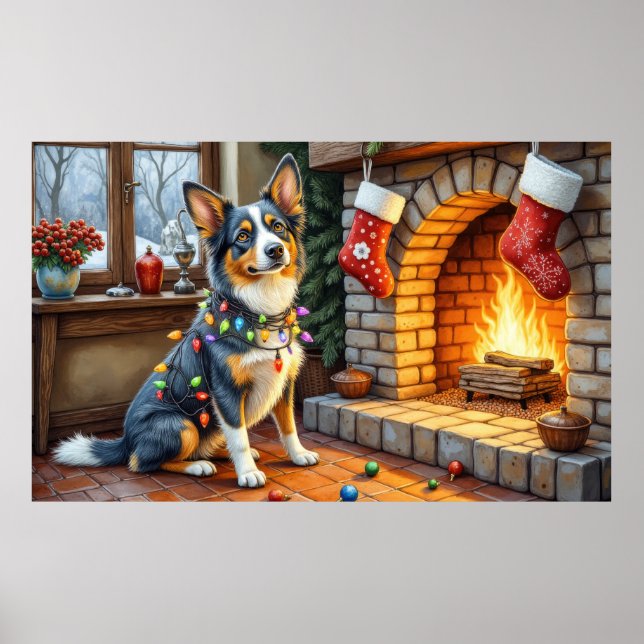 Blue Heeler Fireplace with Christmas Lights Poster (Vorne)