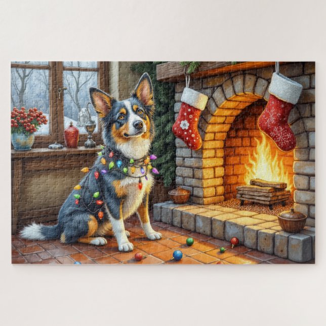 Blue Heeler Fireplace with Christmas Lights Puzzle (Horizontal)