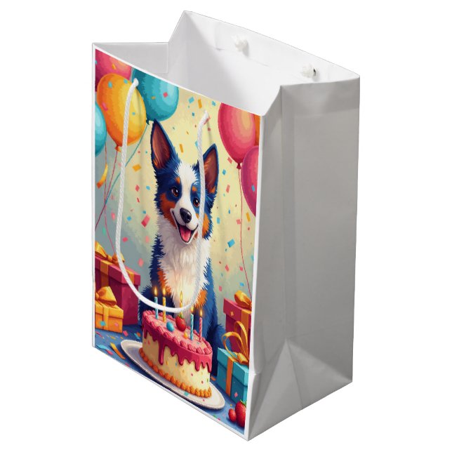 Blue Heeler Geburtstagsfeier Mittlere Geschenktüte (Vorderseite Schrägansicht)