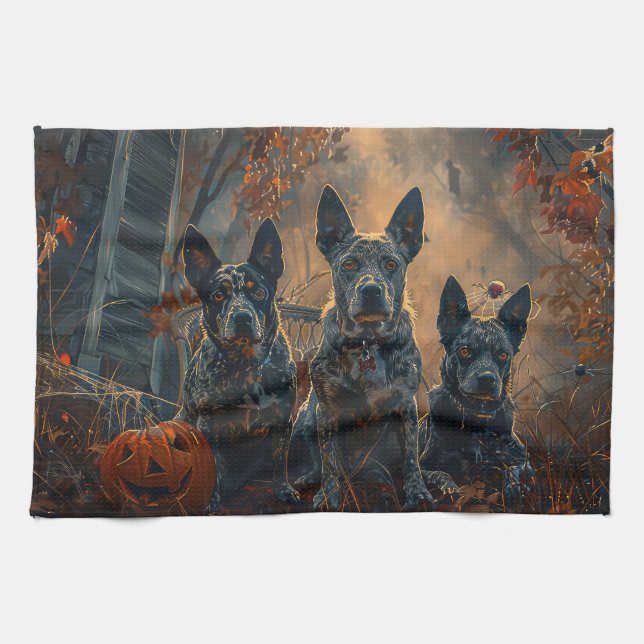 Blue Heeler Halloween Night Doggy Delight Geschirrtuch (Horizontal)