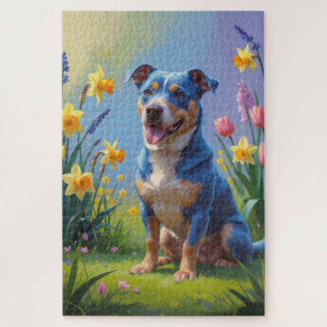 Blue Heeler Hund Frühlingsblumen Malerei  Puzzle (Vertikal)