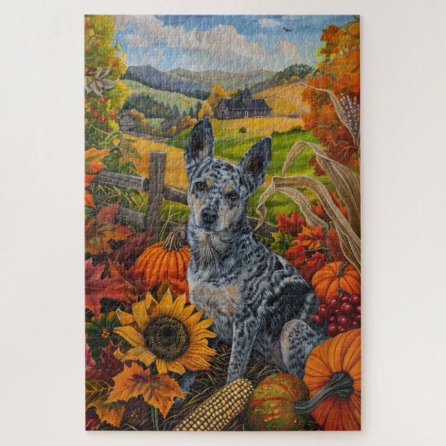 Blue Heeler Hund Herbsternte Erntedank Puzzle (Vertikal)