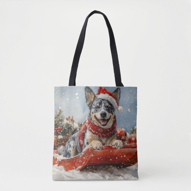 Blue Heeler Hund in Sledge Lass es Schnee Weihnach (Vorderseite)