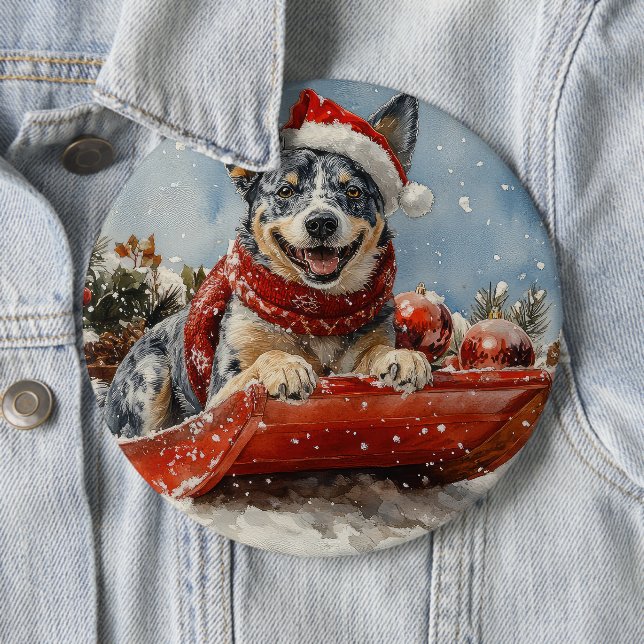 Blue Heeler Hund in Sledge Lass es Schnee Weihnach Button (Beispiel)