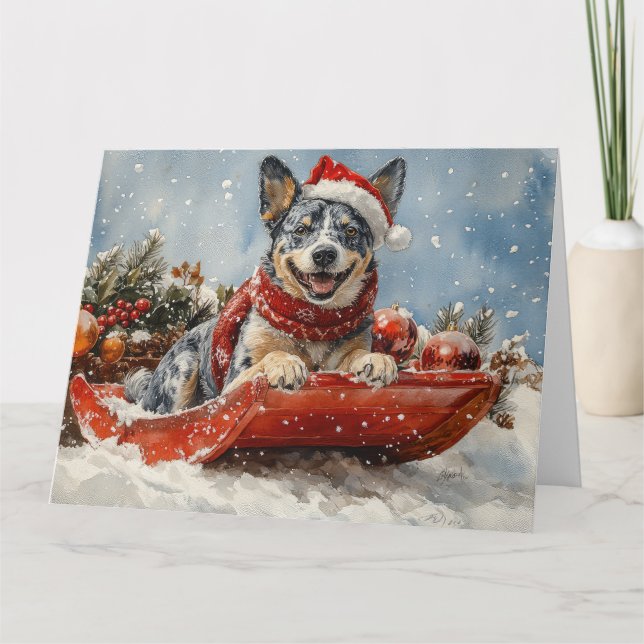 Blue Heeler Hund in Sledge Lass es Schnee Weihnach Karte (Vorderseite)