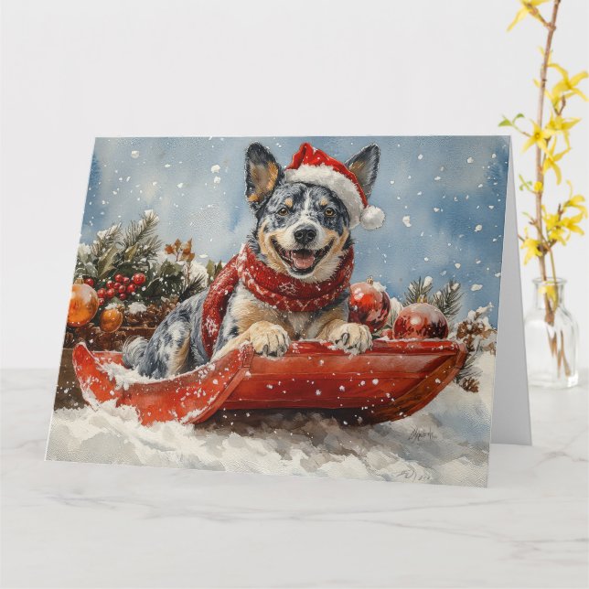 Blue Heeler Hund in Sledge Lass es Schnee Weihnach Karte (Gelbe Blume)