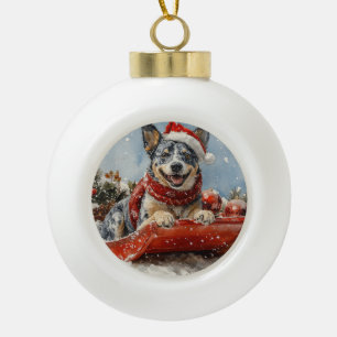Blue Heeler Hund in Sledge Lass es Schnee Weihnach Keramik Kugel-Ornament