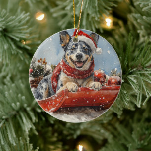 Blue Heeler Hund in Sledge Lass es Schnee Weihnach Keramik Ornament