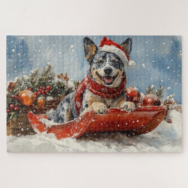 Blue Heeler Hund in Sledge Lass es Schnee Weihnach Puzzle (Horizontal)