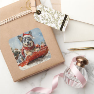 Blue Heeler Hund in Sledge Lass es Schnee Weihnach Quadratischer Aufkleber