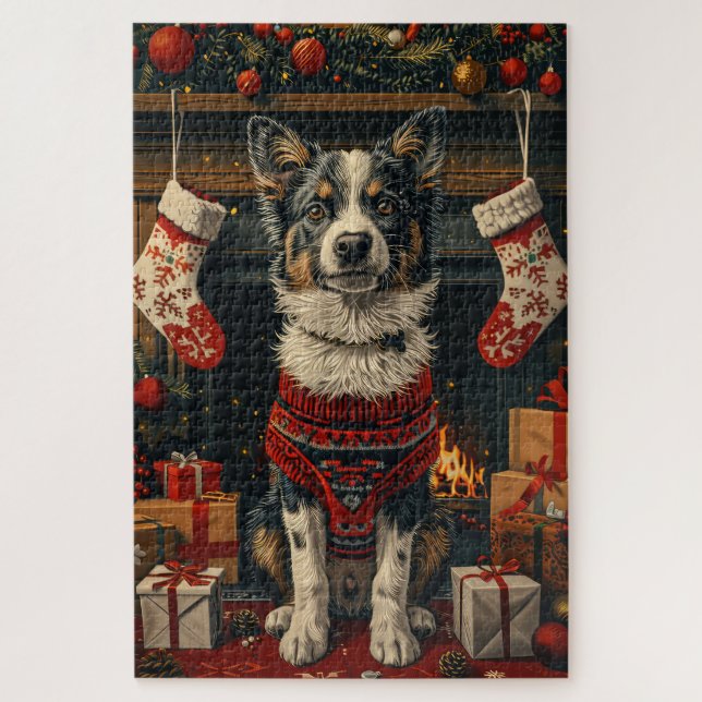 Blue Heeler Hund mit Weihnachtsgeschenken Feuerpla Puzzle (Vertikal)