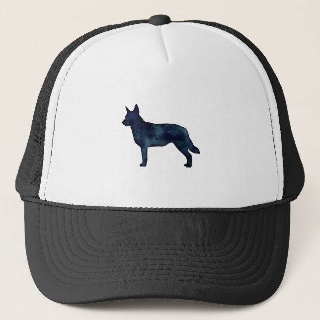 Blue Heeler Hund Silhouette Black Watercolor Truckerkappe (Vorderseite)