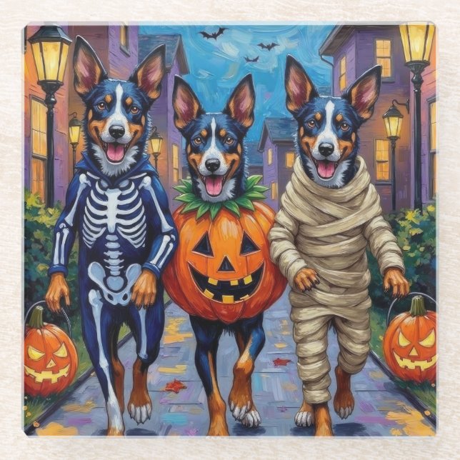 Blue Heeler Hunde Trick-or-Treating in Halloween C Glasuntersetzer (Vorderseite)