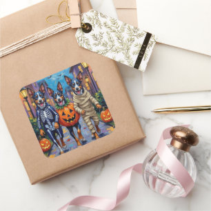 Blue Heeler Hunde Trick-or-Treating in Halloween C Quadratischer Aufkleber