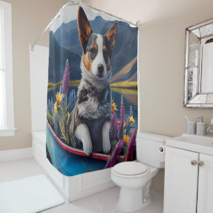 Blue Heeler on a Paddle: Ein Landschaftliches Aben Duschvorhang