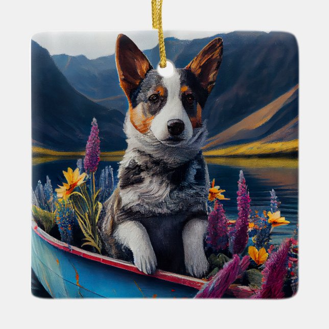 Blue Heeler on a Paddle: Ein Landschaftliches Aben Keramikornament (Vorderseite)