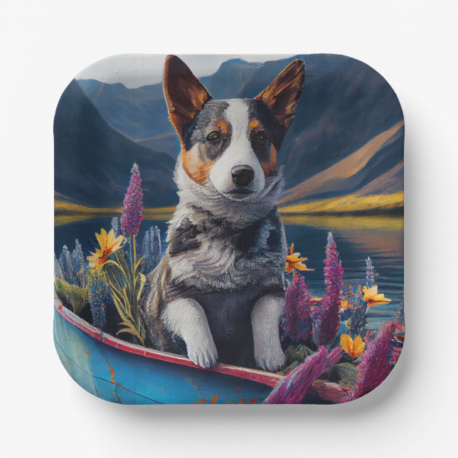 Blue Heeler on a Paddle: Ein Landschaftliches Aben Pappteller (Vorderseite)