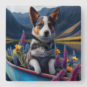 Blue Heeler on a Paddle: Ein Landschaftliches Aben Quadratische Wanduhr