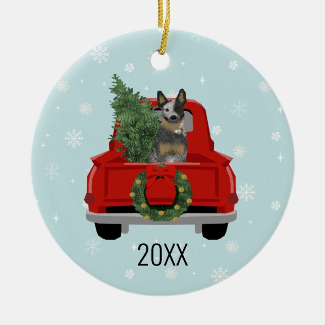Blue Heeler Rind Hund Red Truck Weihnachten Keramik Ornament (Vorne)