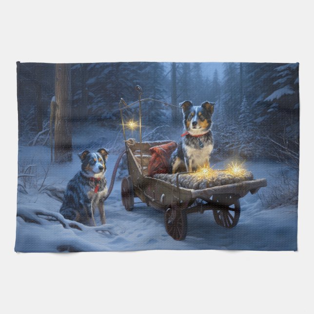 Blue Heeler Snowy Sleigh Weihnachtsdekor Geschirrtuch (Horizontal)